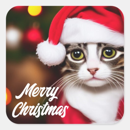 Sticker Carré Cute Père Noël Chat (Devant)
