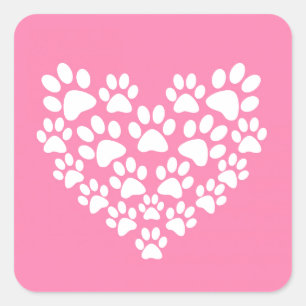Sticker Carré Cute Pet Lover Blanc Rose Coeur Empreinte de patte