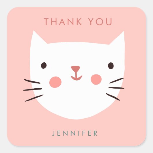 Sticker Carré Cute Pink Cat Anniversaire merci (Devant)