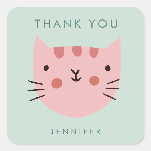 Sticker Carré Cute Pink Cat Anniversaire merci (Devant)