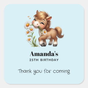 Sticker Carré Cute Pony Manger Daisées Anniversaire Merci