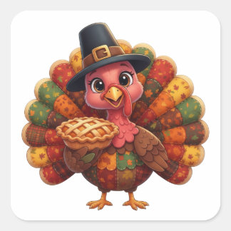 Sticker Carré Cute Quilted Patchwork Turkey | Pilgrim Hat Pie