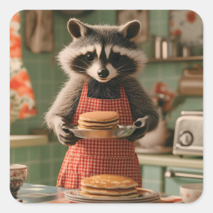 Sticker Carré Cute Raccoon Chef dans cuisine rétro à servir Panc