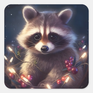 Sticker Carré Cute Raccoon Joyeux feux de Noël