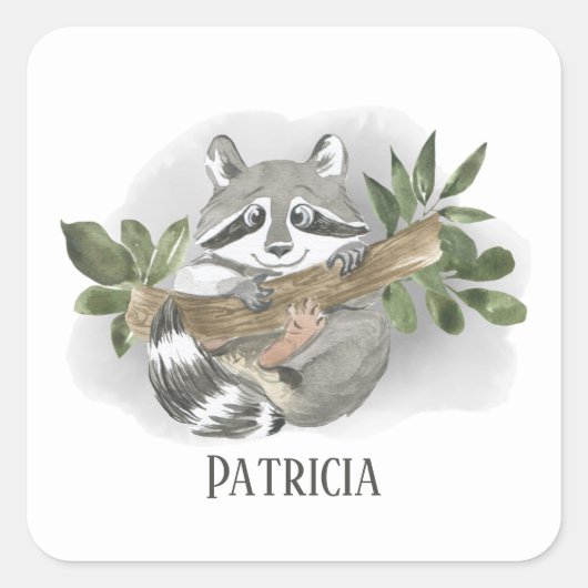 Sticker Carré cute raccoon lover ajouter un nom (Devant)