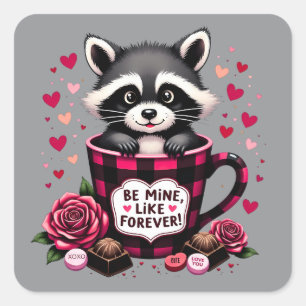 Sticker Carré Cute Raccoon Valentine Buffalo Plaid