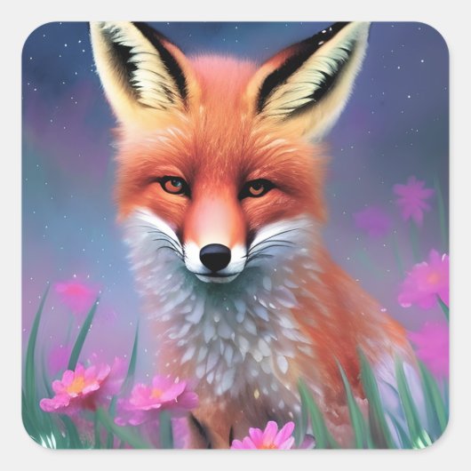 Sticker Carré Cute Red Fox Floral Imaginaire Art (Devant)