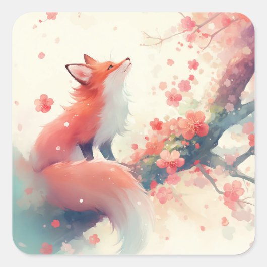Sticker Carré Cute Red Fox Under Pink Cherry Blossom Tree (Devant)