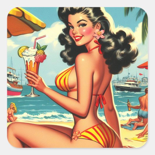 Sticker Carré Cute Retro Bikini Girl (Devant)