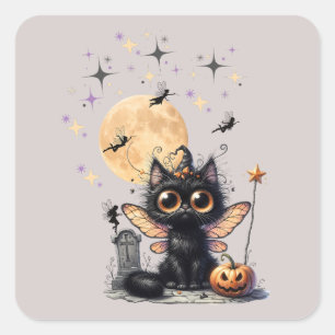 Sticker Carré Cute Rétro Noir Large Fée Kitten Halloween fée à g