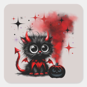 Sticker Carré Cute Retro Rouge-Noir Large Kitten Halloween à l'o