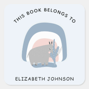 Sticker Carré Cute Rhino Rainbow Illustration Nom de l'enfant Pl