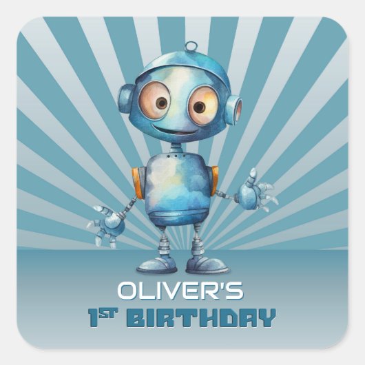 Sticker Carré Cute Robot Thème 1er Anniversaire Invitation (Devant)