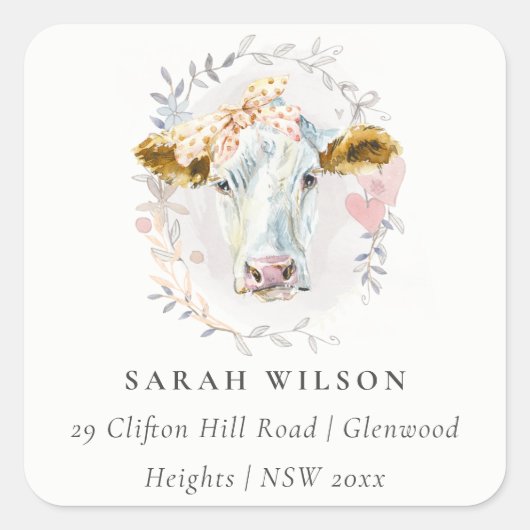 Sticker Carré Cute Russe Saint-Vache ferme Floral Adresse (Devant)