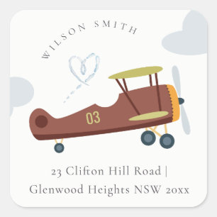 Sticker Carré Cute Rust Green Blue Biplane Cloud Heart Adresse