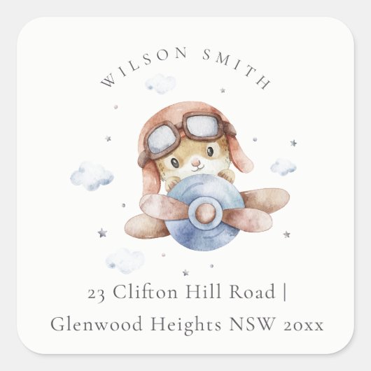 Sticker Carré Cute Rust Navy Plane Teddy Cloud Stars Sky Adresse (Devant)