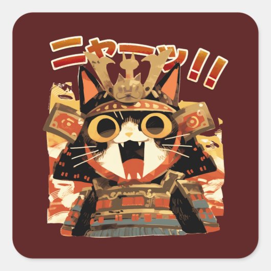 Sticker Carré Cute Samurai Chat en Armure (Devant)
