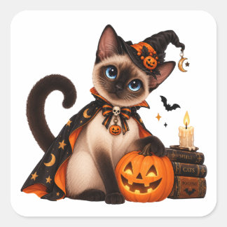 Sticker Carré Cute Siamese Cat Witch Halloween
