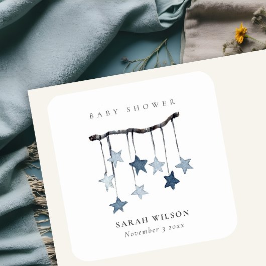 Sticker Carré Cute Simple Aqua Blue Star Mobile Boy Baby shower