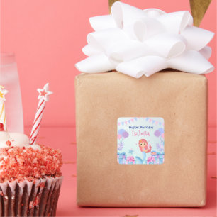 Sticker Carré Cute Sirène Arc-en-ciel Aquarelle fête d'anniversa