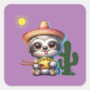 Sticker Carré Cute Sloth mangeant Taco