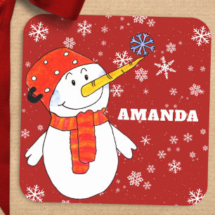 Sticker Carré Cute Snowman Personnalisé Enfants Noël