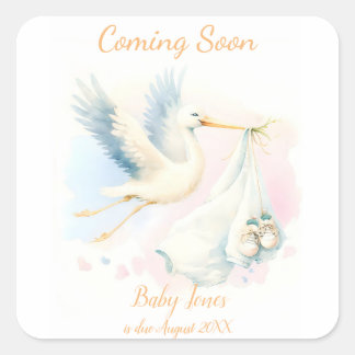 Sticker Carré Cute Stork à venir faire-part Squ Invitation