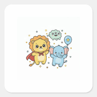 Sticker Carré Cute Superhero Lion and Elephant Friends Cartoon