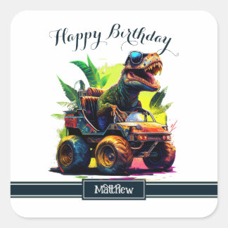 Sticker Carré Cute T-Rex équitation Monster Camion Dinosaure Ann