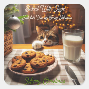 Sticker Carré Cute Tabby Cat Reaching pour les cookies Noël