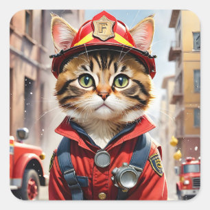 Sticker Carré Cute Tabby Chat en Aquarelle Uniforme Firefighter