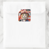 Sticker Carré Cute Tabby Chat en Aquarelle Uniforme Firefighter (Sac)