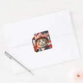 Sticker Carré Cute Tabby Chat en Aquarelle Uniforme Firefighter (Enveloppe)