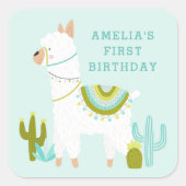 Sticker Carré Cute Tout Llama Fun Aqua 1er Anniversaire Fête Fav (Devant)