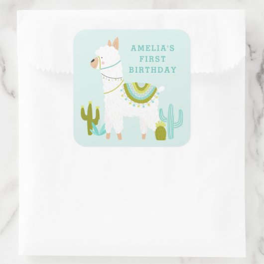 Sticker Carré Cute Tout Llama Fun Aqua 1er Anniversaire Fête Fav (Sac)
