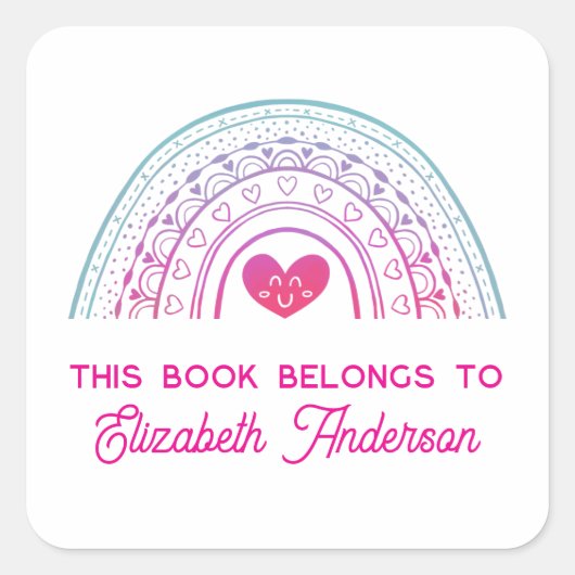 Sticker Carré Cute Trendy Boho Rainbow Kids Bookplate (Devant)