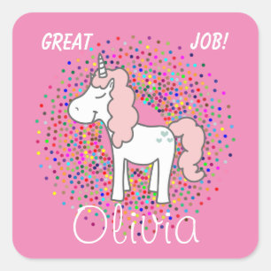 Sticker Carré Cute Unicorn Super Travail! [Insérer le nom de l'e