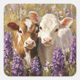 Sticker Carré Cute Vaches Laitières Calves Lupines Fleurs