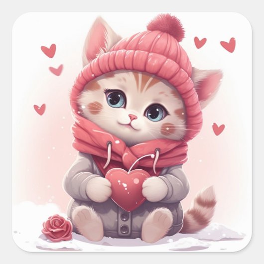 Sticker Carré Cute Valentine kitty (Devant)