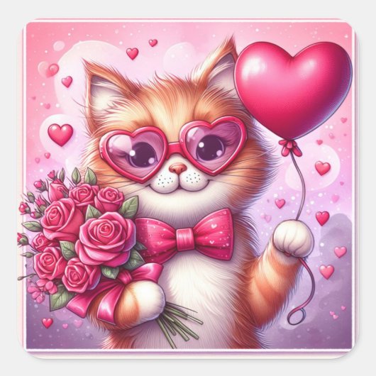 Sticker Carré Cute Valentine's day cat/chaton (Devant)