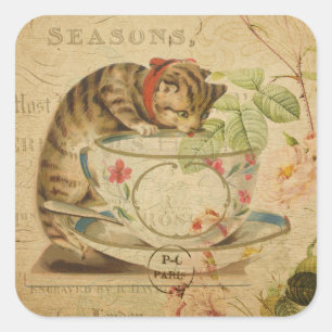 Sticker Carré Cute Vintage Cat Tea