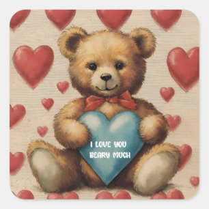 Sticker Carré Cute Vintage Ours En Teddy Je T'Aime Valentine