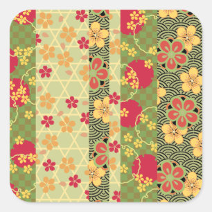 Sticker Carré Cute Vintage Retro Fine Floral Kimono Motif