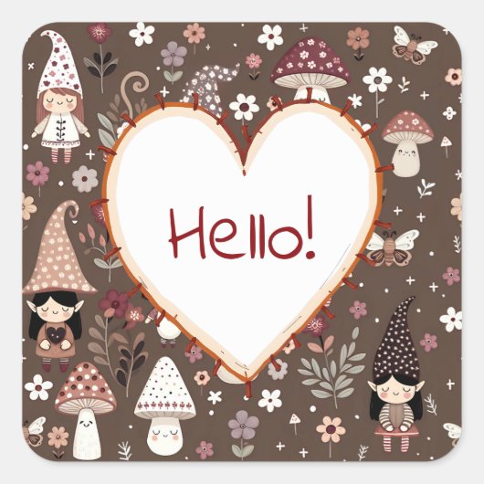 Sticker Carré Cute Whimsical Fair Gnomes and Mushrooms Hello (Devant)