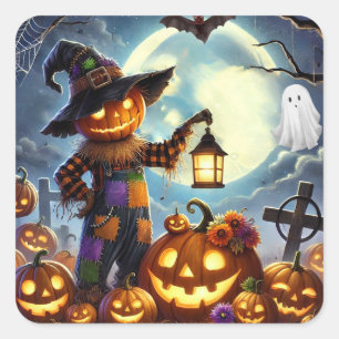 Sticker Carré Cute, Whimsical Halloween épouvantail & citrouille