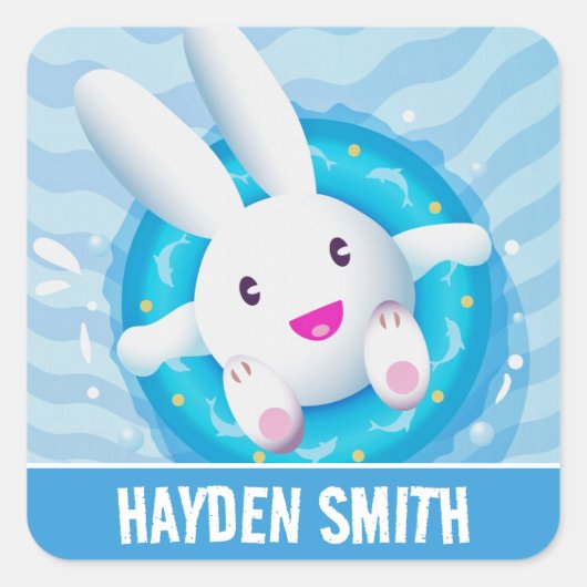 Sticker Carré Cute White Bunny Pool Party Personalised (Devant)