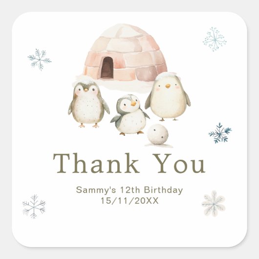 Sticker Carré Cute Winter Penguins Birthday Party (Devant)
