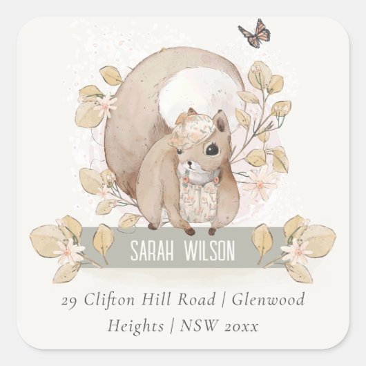 Sticker Carré Cute Woodland Forest Floral Squirrel Adresse (Devant)
