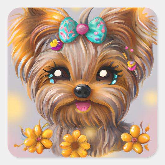 Sticker Carré Cute Yorkie Kawaii Puppy (Devant)