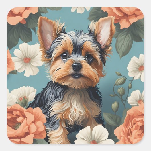 Sticker Carré Cute Yorkshire Terrier Puppy Floral (Devant)